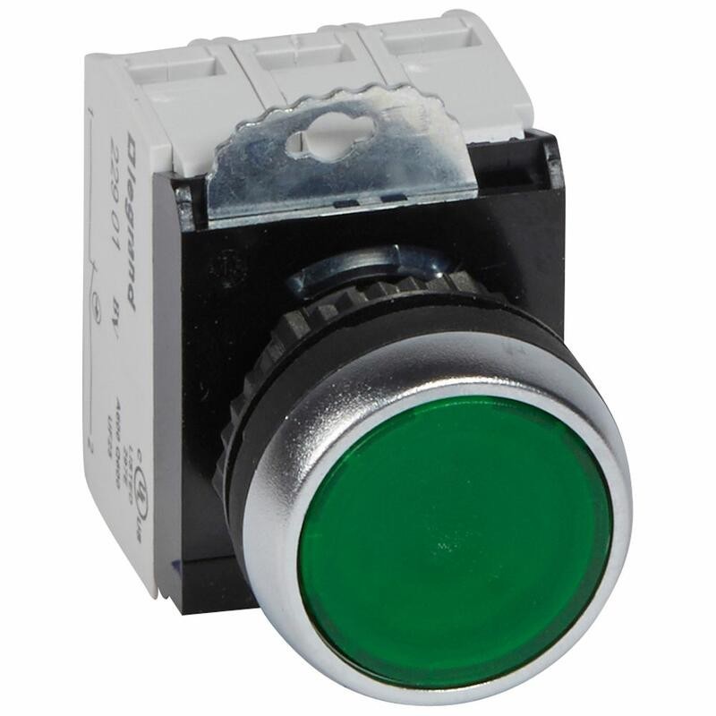 Bouton lumineux à impulsion affleurant IP69 Osmoz complet - vert - 230V~ LEGRAND
