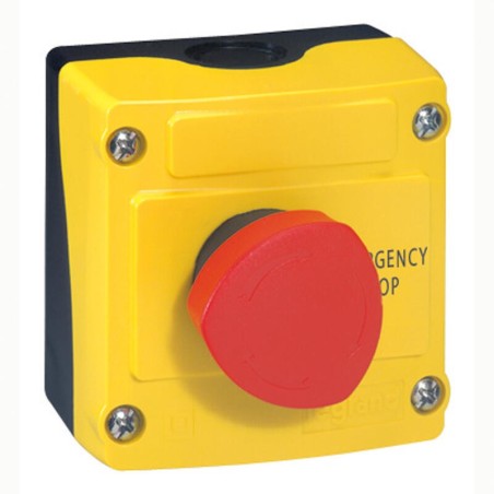 Boîte à bouton équipée Osmoz avec coup de poing coupure d'urgence rouge pousser-tourner Ø40 - avec couvercle jaune LEGRAND