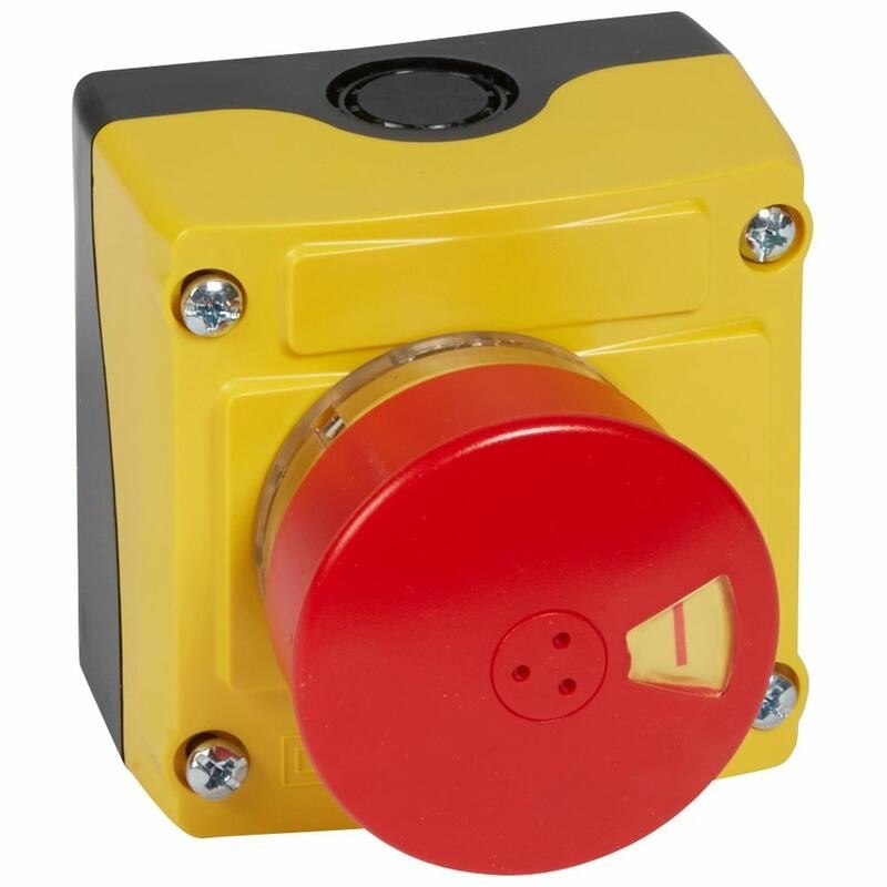 Boîte à bouton équipée Osmoz avec coup de poing d'arrêt d'urgence rouge Ø54 - avec couvercle jaune LEGRAND