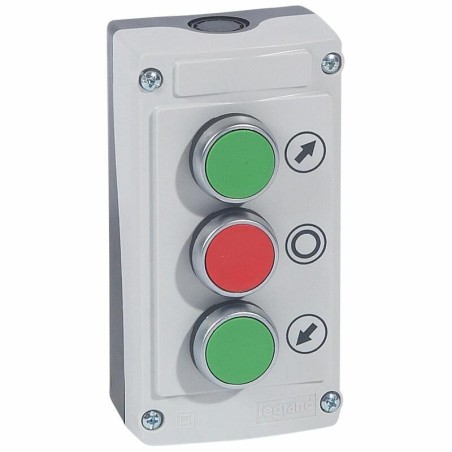Boîte à bouton équipée Osmoz avec 3 boutons à impulsion (2 boutons vert et 1 bouton rouge) - avec couvercle gris LEGRAND